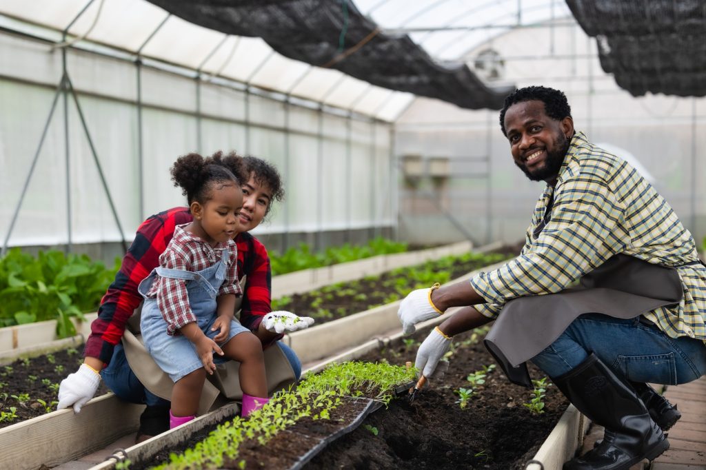 Happy African black people farmer family enjoy playing together with girl child