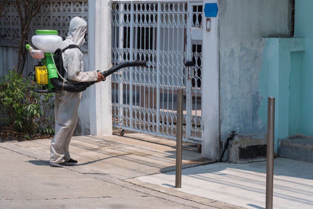 Health worker spraying disinfectant chemical in public area